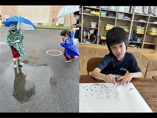 雨の日は、傘をさしてお散歩♪
<br>
その後、自分たちが感じた雨を紙に描いてみました。