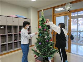 寄宿舎玄関にクリスマスツリーを飾りました。クリスマスが楽しみですね！